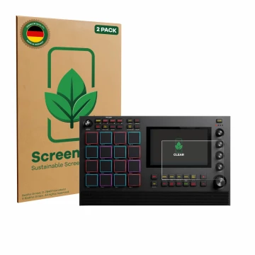 Face avant d’un emballage produit avec le logo de la marque ScreenLeaf. À côté, l’appareil Akai MPC Live III est représenté av