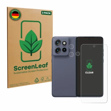 Face avant d’un emballage produit avec le logo de la marque ScreenLeaf. À côté, l’appareil Motorola Edge 60 Neo (Avant+Caméra)