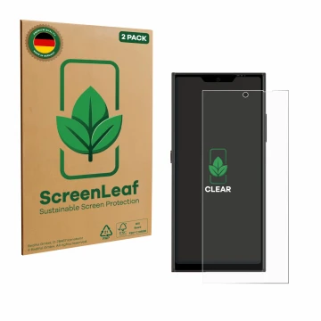 Face avant d’un emballage produit avec le logo de la marque ScreenLeaf. À côté, l’appareil Jolla Phone est représenté avec la 