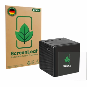 Face avant d’un emballage produit avec le logo de la marque ScreenLeaf. À côté, l’appareil Sony ICF-C1 est représenté avec la 