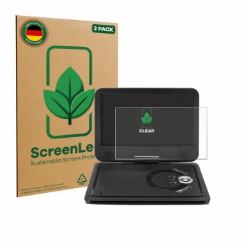 Face avant d’un emballage produit avec le logo de la marque ScreenLeaf. À côté, l’appareil Soundmaster PDB1910SW DVD Player es