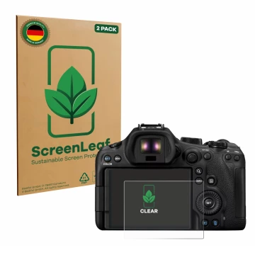 Face avant d’un emballage produit avec le logo de la marque ScreenLeaf. À côté, l’appareil Canon EOS R6 Mark III est représent