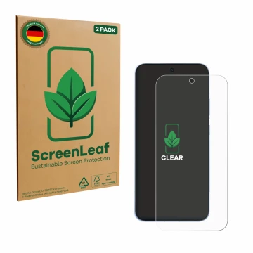 Face avant d’un emballage produit avec le logo de la marque ScreenLeaf. À côté, l’appareil Oppo Reno 15c est représenté avec l