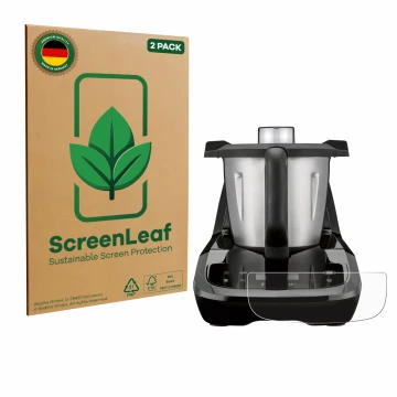 Face avant d’un emballage produit avec le logo de la marque ScreenLeaf. À côté, l’appareil SilverCrest Monsieur Cuisine compac