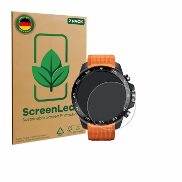 Face avant d’un emballage produit avec le logo de la marque ScreenLeaf. À côté, l’appareil Xiaomi Mibro GS Explorer S est repr