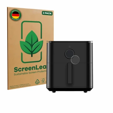 Face avant d’un emballage produit avec le logo de la marque ScreenLeaf. À côté, l’appareil Xiaomi Air Fryer 6.5 L est représen