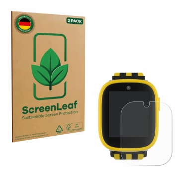Face avant d’un emballage produit avec le logo de la marque ScreenLeaf. À côté, l’appareil Xplora X6 Play BVB-Edition est repr