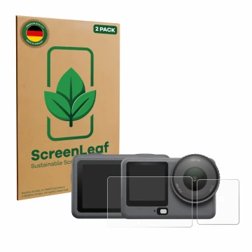 Face avant d’un emballage produit avec le logo de la marque ScreenLeaf. À côté, l’appareil DJI Osmo Action 6 est représenté av