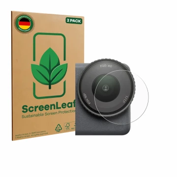 Face avant d’un emballage produit avec le logo de la marque ScreenLeaf. À côté, l’appareil DJI Osmo Action 6 (Lentille) est re