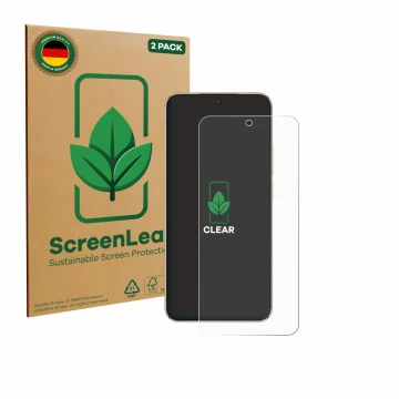 Face avant d’un emballage produit avec le logo de la marque ScreenLeaf. À côté, l’appareil Honor X9d est représenté avec la pr