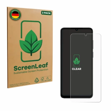 Face avant d’un emballage produit avec le logo de la marque ScreenLeaf. À côté, l’appareil Honor X5c Plus est représenté avec 