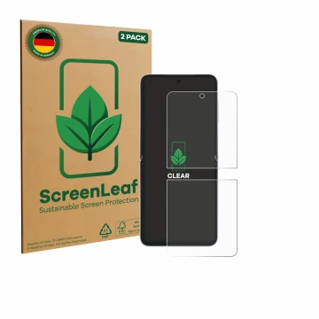 Face avant d’un emballage produit avec le logo de la marque ScreenLeaf. À côté, l’appareil Honor Magic V Flip 2 est représenté