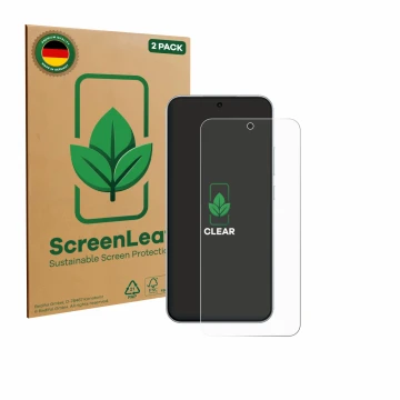 Face avant d’un emballage produit avec le logo de la marque ScreenLeaf. À côté, l’appareil Oppo A6 Pro est représenté avec la 