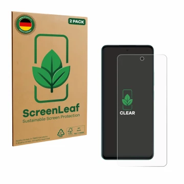 Face avant d’un emballage produit avec le logo de la marque ScreenLeaf. À côté, l’appareil Oppo A5 est représenté avec la prot
