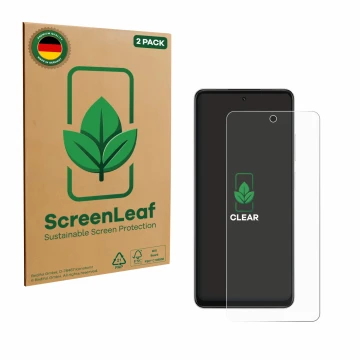 Face avant d’un emballage produit avec le logo de la marque ScreenLeaf. À côté, l’appareil Oppo A5x est représenté avec la pro