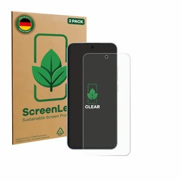 Face avant d’un emballage produit avec le logo de la marque ScreenLeaf. À côté, l’appareil Oppo F31 Pro est représenté avec la