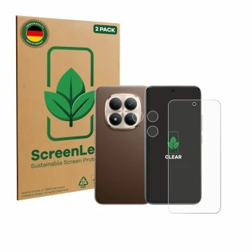 Face avant d’un emballage produit avec le logo de la marque ScreenLeaf. À côté, l’appareil Xiaomi Redmi Note 15 Pro Plus 5G (A