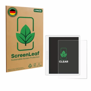 Face avant d’un emballage produit avec le logo de la marque ScreenLeaf. À côté, l’appareil Bigme B751C-S est représenté avec l