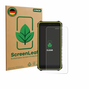 Face avant d’un emballage produit avec le logo de la marque ScreenLeaf. À côté, l’appareil Ulefone RugKing 2 Pro est représent