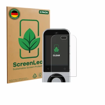 Face avant d’un emballage produit avec le logo de la marque ScreenLeaf. À côté, l’appareil Sofabaton X2 est représenté avec la