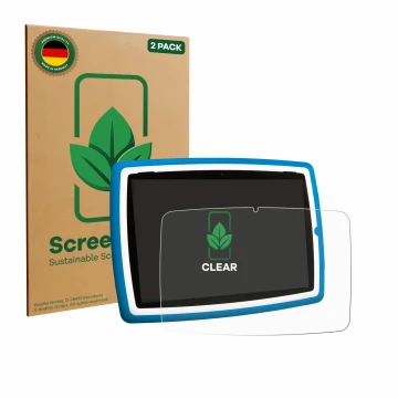 Face avant d’un emballage produit avec le logo de la marque ScreenLeaf. À côté, l’appareil Lisciani Mio Tab 10 Tutor XL est re