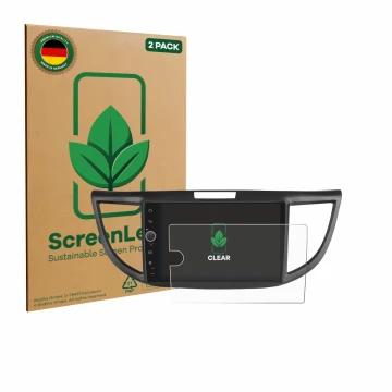 Face avant d’un emballage produit avec le logo de la marque ScreenLeaf. À côté, l’appareil Joying Car Radio 9