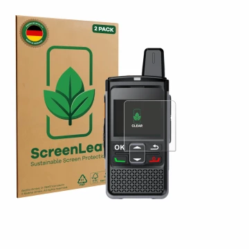 Face avant d’un emballage produit avec le logo de la marque ScreenLeaf. À côté, l’appareil Hytera PNC360S est représenté avec 