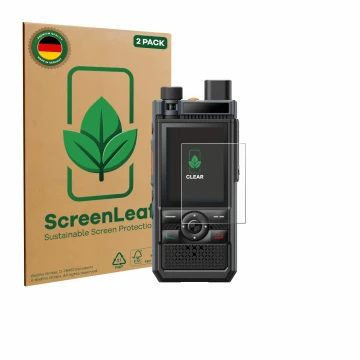 Face avant d’un emballage produit avec le logo de la marque ScreenLeaf. À côté, l’appareil Hytera P50 Pro est représenté avec 