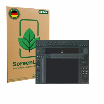 Face avant d’un emballage produit avec le logo de la marque ScreenLeaf. À côté, l’appareil Ableton Push 3 est représenté avec 