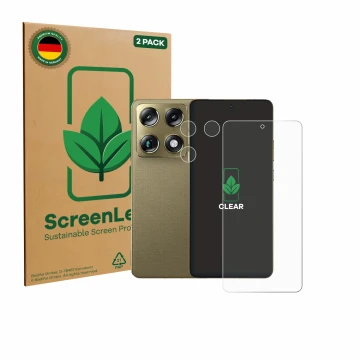 Face avant d’un emballage produit avec le logo de la marque ScreenLeaf. À côté, l’appareil Motorola Signature (Avant+Caméra) e