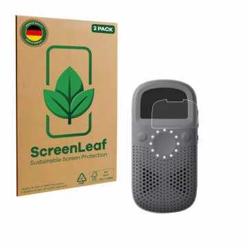 Face avant d’un emballage produit avec le logo de la marque ScreenLeaf. À côté, l’appareil Relay X est représenté avec la prot