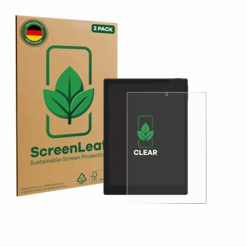 Face avant d’un emballage produit avec le logo de la marque ScreenLeaf. À côté, l’appareil Hannspree Lumo 7.8 est représenté a