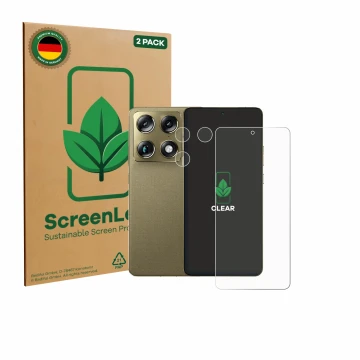 Face avant d’un emballage produit avec le logo de la marque ScreenLeaf. À côté, l’appareil Motorola Signature 165 (Avant+Camér
