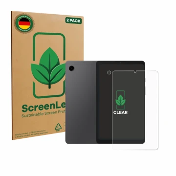 Face avant d’un emballage produit avec le logo de la marque ScreenLeaf. À côté, l’appareil Samsung Galaxy Tab A9 (Avant+Caméra