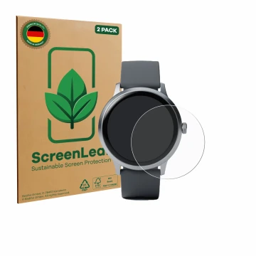 Face avant d’un emballage produit avec le logo de la marque ScreenLeaf. À côté, l’appareil Pebble Round 2 est représenté avec 