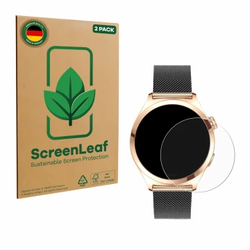 Face avant d’un emballage produit avec le logo de la marque ScreenLeaf. À côté, l’appareil Niolina Smartwatch 1.27