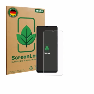 Face avant d’un emballage produit avec le logo de la marque ScreenLeaf. À côté, l’appareil realme Note 70 est représenté avec 