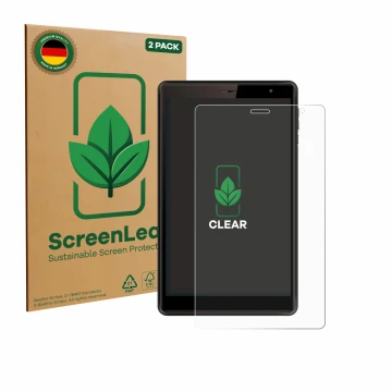 Face avant d’un emballage produit avec le logo de la marque ScreenLeaf. À côté, l’appareil Logicom Tab 80 8
