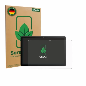 Face avant d’un emballage produit avec le logo de la marque ScreenLeaf. À côté, l’appareil Rebecco Z50 10.1