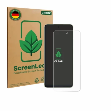 Face avant d’un emballage produit avec le logo de la marque ScreenLeaf. À côté, l’appareil Oppo A5 Energy est représenté avec 