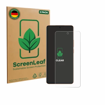 Face avant d’un emballage produit avec le logo de la marque ScreenLeaf. À côté, l’appareil realme P4 Pro 5G est représenté ave