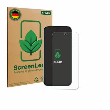 Face avant d’un emballage produit avec le logo de la marque ScreenLeaf. À côté, l’appareil Xiaomi Redmi Turbo 5 est représenté