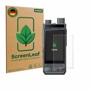 Face avant d’un emballage produit avec le logo de la marque ScreenLeaf. À côté, l’appareil Hytera P60 est représenté avec la p