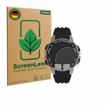 Face avant d’un emballage produit avec le logo de la marque ScreenLeaf. À côté, l’appareil Timex Ironman TW5M63200 est représe