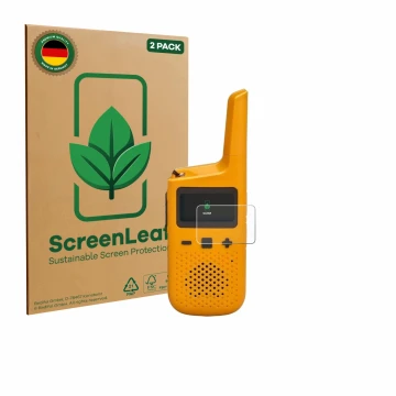 Face avant d’un emballage produit avec le logo de la marque ScreenLeaf. À côté, l’appareil Motorola Talkabout T72 est représen