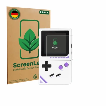Face avant d’un emballage produit avec le logo de la marque ScreenLeaf. À côté, l’appareil Modretro Chromatic est représenté a