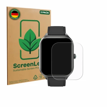 Face avant d’un emballage produit avec le logo de la marque ScreenLeaf. À côté, l’appareil FORRLITE Smartwatch 2.01