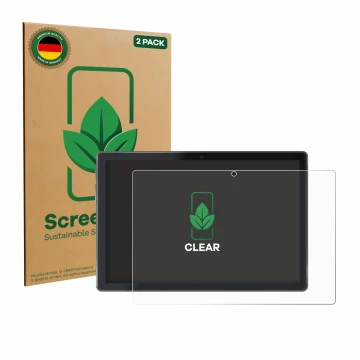 Face avant d’un emballage produit avec le logo de la marque ScreenLeaf. À côté, l’appareil Lisciani Mio Tab 10