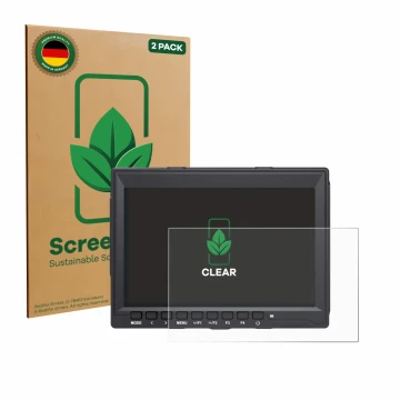 Face avant d’un emballage produit avec le logo de la marque ScreenLeaf. À côté, l’appareil Feelworld FW759 7