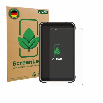 Face avant d’un emballage produit avec le logo de la marque ScreenLeaf. À côté, l’appareil Ulefone RugKing Pad Pro est représe